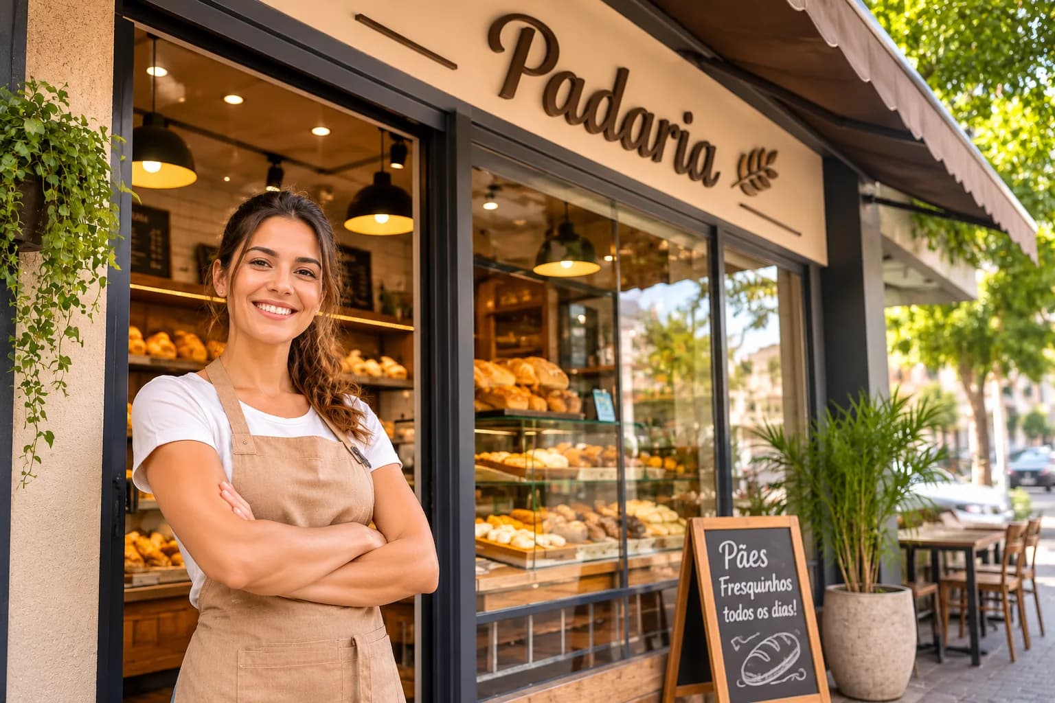 Padaria com dona sorrindo na porta e pães frescos em exposição